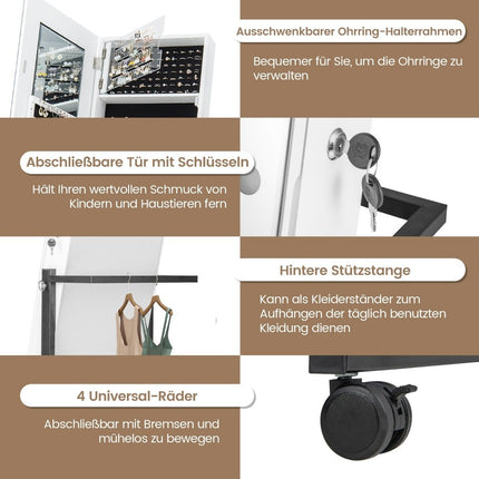 Schmuckschrank mit Rollen 4 in 1 Spiegelschrank mit 3-farbigen LED-Leuchten &amp; verstellbarer Höhe weiß