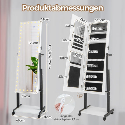 Schmuckschrank mit Rollen 4 in 1 Spiegelschrank mit 3-farbigen LED-Leuchten &amp; verstellbarer Höhe weiß