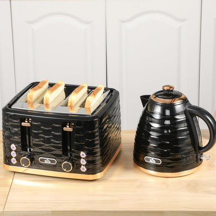Ketel-broodroosterset Ontbijtset met 1,7 liter waterkoker, 4-sneetjes broodrooster, 2200 W, 7 bruiningsniveaus, ontdooien, opwarmen en kruimelbak, otterthermostaat, zwart |