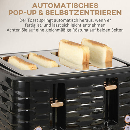 Ketel-broodroosterset Ontbijtset met 1,7 liter waterkoker, 4-sneetjes broodrooster, 2200 W, 7 bruiningsniveaus, ontdooien, opwarmen en kruimelbak, otterthermostaat, zwart |