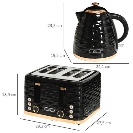 Ketel-broodroosterset Ontbijtset met 1,7 liter waterkoker, 4-sneetjes broodrooster, 2200 W, 7 bruiningsniveaus, ontdooien, opwarmen en kruimelbak, otterthermostaat, zwart |