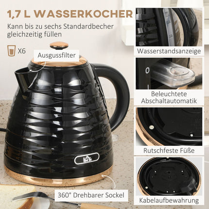 Ketel-broodroosterset Ontbijtset met 1,7 liter waterkoker, 4-sneetjes broodrooster, 2200 W, 7 bruiningsniveaus, ontdooien, opwarmen en kruimelbak, otterthermostaat, zwart |