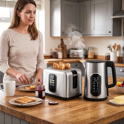 Kettle and 2-Slice Toaster Set with LED Touch Display, 1.5 L, 2200 W, Silver