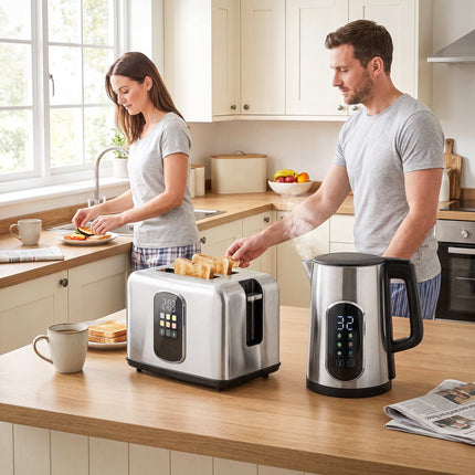 Kettle and 2-Slice Toaster Set with LED Touch Display, 1.5 L, 2200 W, Silver
