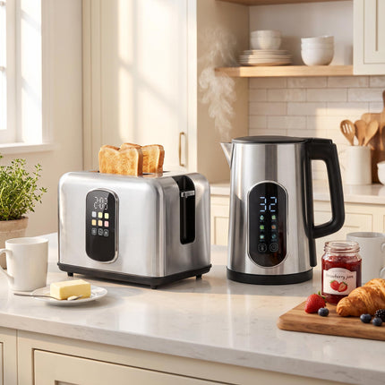 Kettle and 2-Slice Toaster Set with LED Touch Display, 1.5 L, 2200 W, Silver