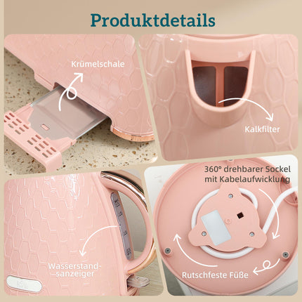 Kettle and Toaster Set, 1.7L Fast Boil, 2-Slice, Pink