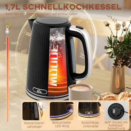 Wasserkocher und Toaster Set, 2200W, 2 Scheiben, Schwarz