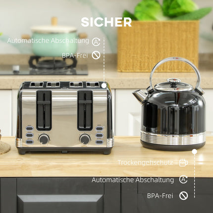 Wasserkocher- und Toaster-Set, 7 Bräunungsstufen, 1,7L, Schwarz