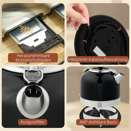 Wasserkocher- und Toaster-Set, 7 Bräunungsstufen, 1,7L, Schwarz