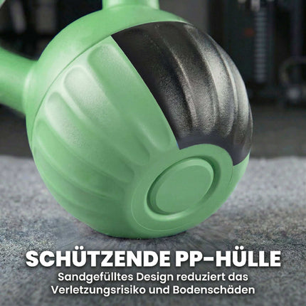 Kettlebell 10 kg, sandgefüllt, rutschfester Griff, Grün