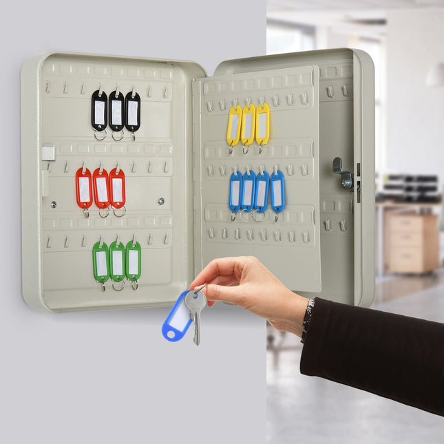 Lockable steel key cabinet, 93 hooks, cream white, 30x24x7.5 cm