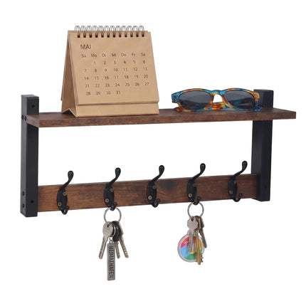 Key Rack with 5 Hooks & Tray, Dark Brown MDF