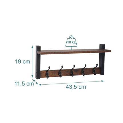 Key Rack with 5 Hooks & Tray, Dark Brown MDF