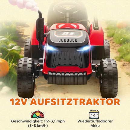 Dětský elektrický traktor 12V s dálkovým ovládáním, vlečka, červená