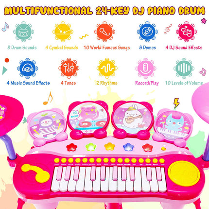 Kinder 24-Tasten Keyboard-Schlagzeug-Set mit Mikrofon, MP3, Hocker
