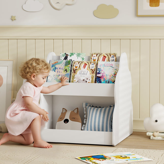 Kinderboekenkast met 2 niveaus en wielen, 4 planken, wit