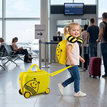 3-delige gele kinderkofferset met rugzak en hoofdsteun