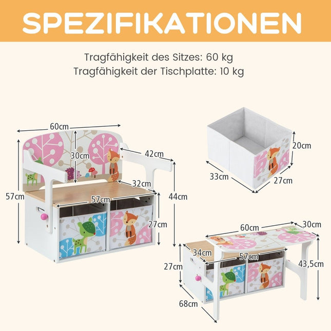 3-in-1 Kinder-Tisch- und Stuhl-Set mit Aufbewahrungsboxen, Weiß