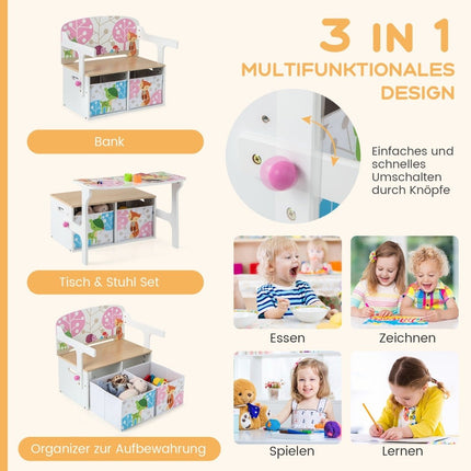 3-in-1 Kinder-Tisch- und Stuhl-Set mit Aufbewahrungsboxen, Weiß