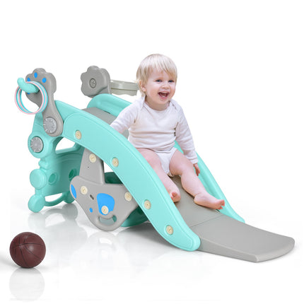 Kinder 4-in-1 Schaukelpferd-Rutsche-Set, Basketball, Ringe