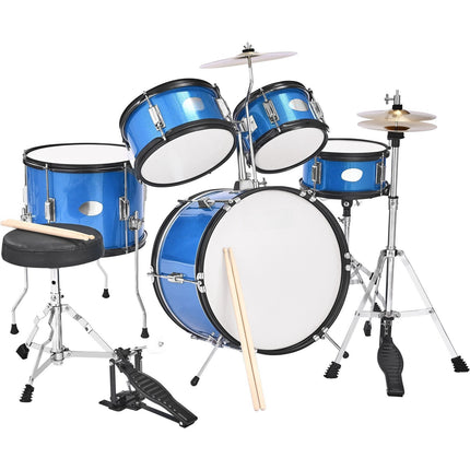 Kids 5-Piece Drum Set – 16-Inch Bass, Throne, Sticks, Blue