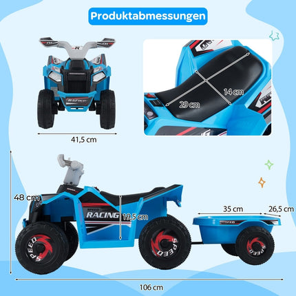 Kinder 6V Elektro-ATV mit Anhänger, Blau, Robuste Räder