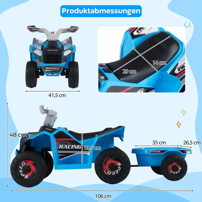 Kinder 6V Elektro-ATV mit Anhänger, Blau, Robuste Räder