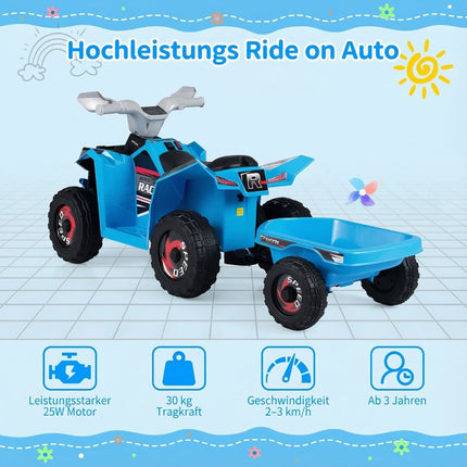 Kinder 6V Elektro-ATV mit Anhänger, Blau, Robuste Räder