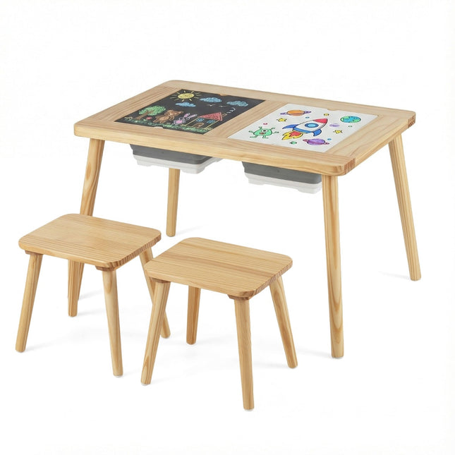 Kinderspieltisch mit 2 Hockern, doppelseitigen Platten