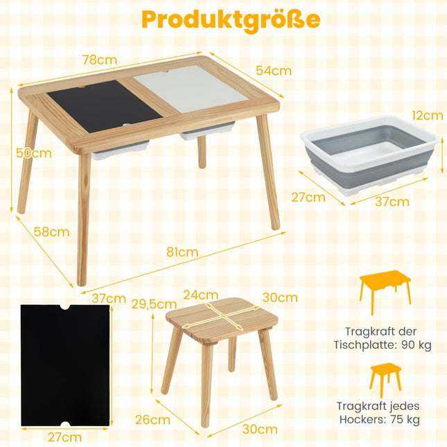 Kinderspieltisch mit 2 Hockern, doppelseitigen Platten
