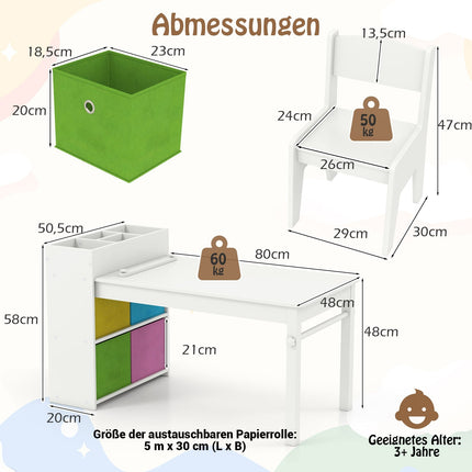 Kinder-Maltisch-Set mit 2 Stühlen, Papierrollenhalter, Weiß