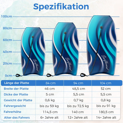 Kids Bodyboard 104cm with EPS Core and Wrist Leash