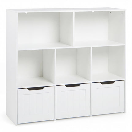 Kids Bookcase Organizer, 5 Cubes, 3 Rolling Drawers, White