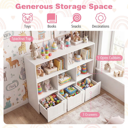 Kids Bookcase Organizer, 5 Cubes, 3 Rolling Drawers, White