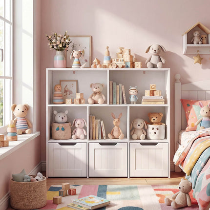 Kids Bookcase Organizer, 5 Cubes, 3 Rolling Drawers, White