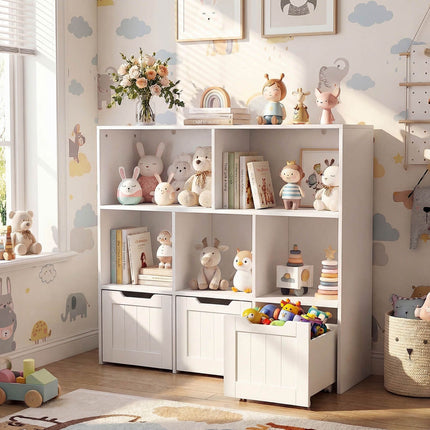 Kids Bookcase Organizer, 5 Cubes, 3 Rolling Drawers, White