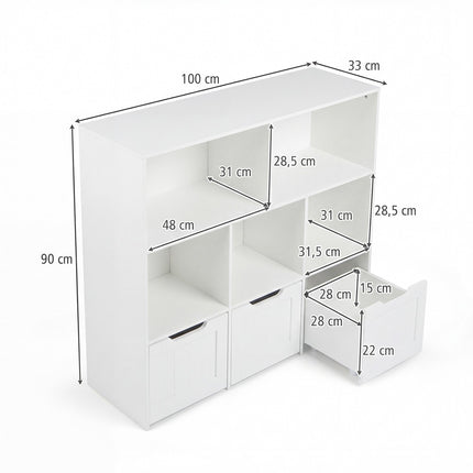 Kids Bookcase Organizer, 5 Cubes, 3 Rolling Drawers, White