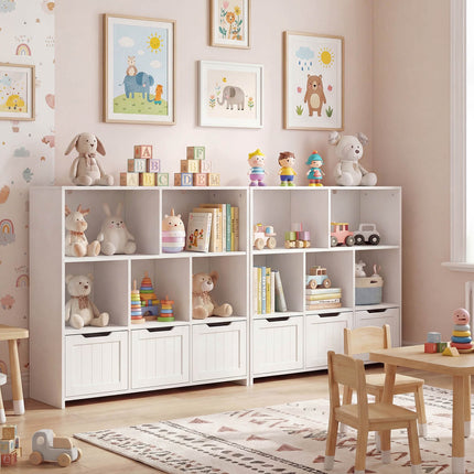 Kids Bookcase Organizer, 5 Cubes, 3 Rolling Drawers, White