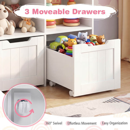 Kids Bookcase Organizer, 5 Cubes, 3 Rolling Drawers, White