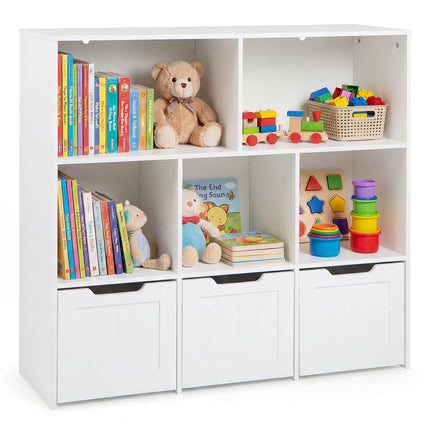 Kids Bookcase Organizer, 5 Cubes, 3 Rolling Drawers, White