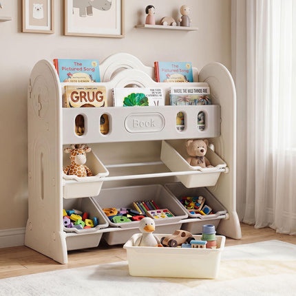 Kids Bookshelf & Toy Organizer with Bins, White/Gray