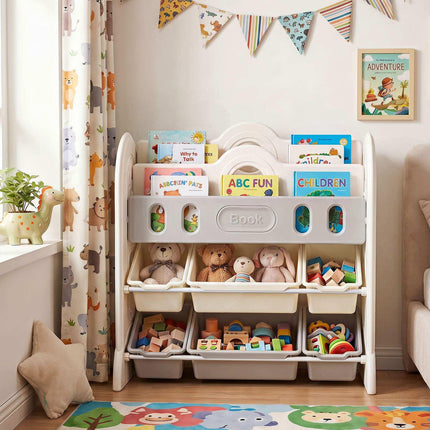 Kids Bookshelf & Toy Organizer with Bins, White/Gray