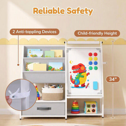 Kids Bookshelf with Art Easel and Magnetic Whiteboard, Toy Organizer, Gray