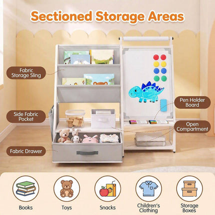 Kids Bookshelf with Art Easel and Magnetic Whiteboard, Toy Organizer, Gray