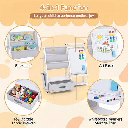 Kids Bookshelf with Art Easel and Magnetic Whiteboard, Toy Organizer, Gray
