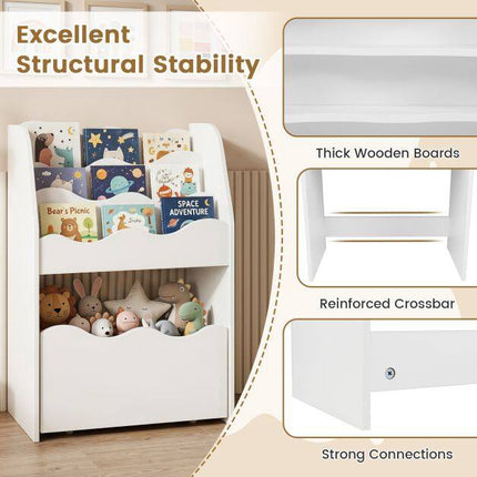 Kids Bookshelf with Rolling Storage Drawer – White