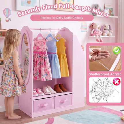 Kids Clothing Rack with Full-Length Mirror and Bookshelf, Pink, 108 cm