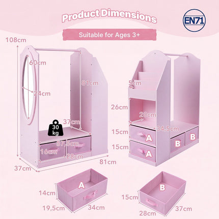 Kids Clothing Rack with Full-Length Mirror and Bookshelf, Pink, 108 cm