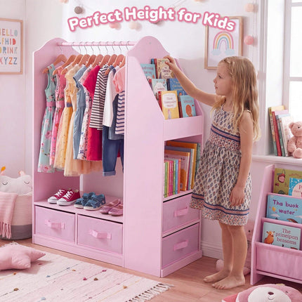 Kids Clothing Rack with Full-Length Mirror and Bookshelf, Pink, 108 cm