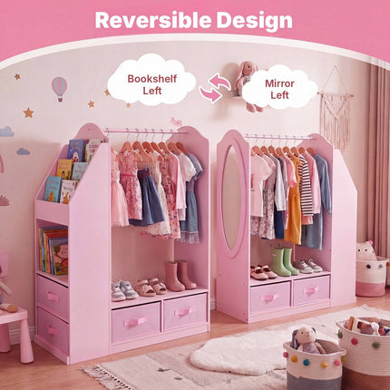 Kids Clothing Rack with Full-Length Mirror and Bookshelf, Pink, 108 cm